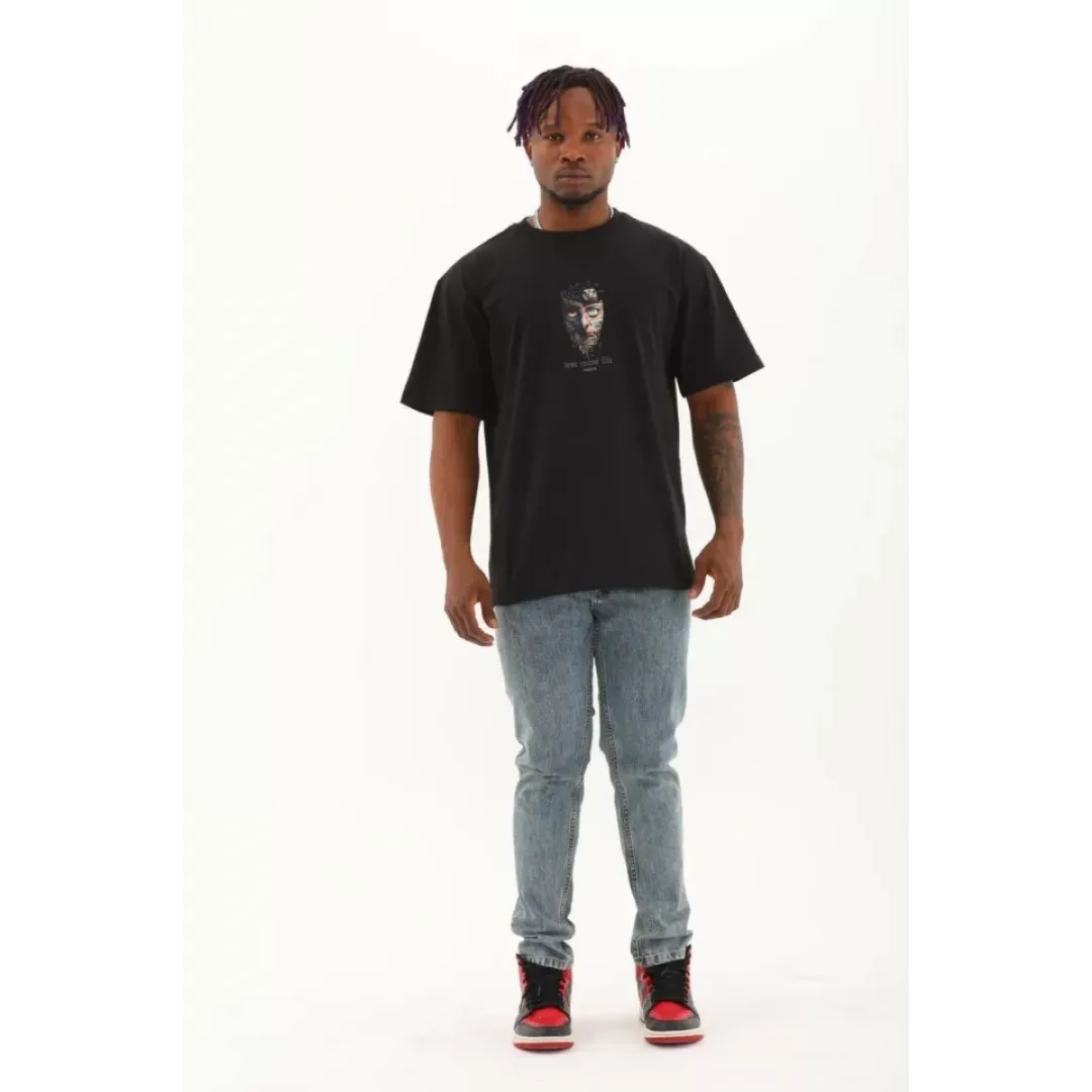 Unisex Oversize Baskılı Bisiklet Yaka T-Shirt - Siyah - 93535