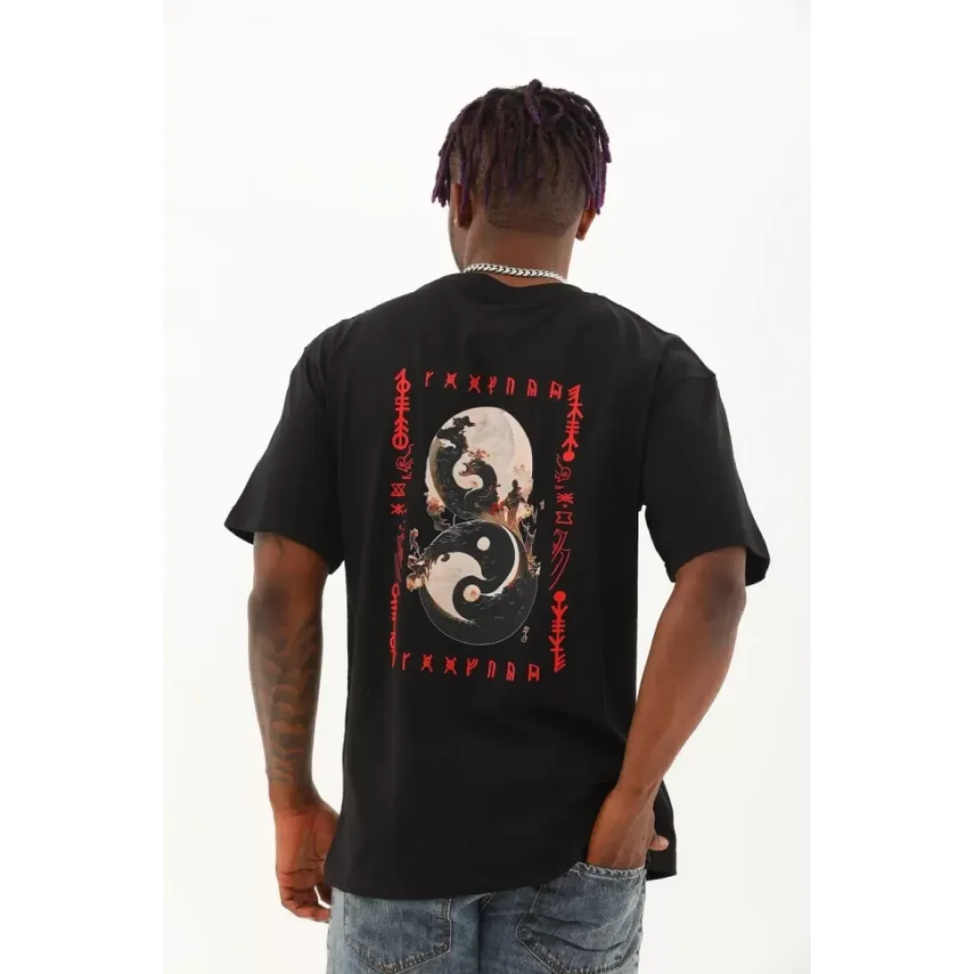 Unisex Oversize Baskılı Bisiklet Yaka T-Shirt - Siyah - 93535