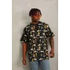 Unisex Oversize Baskılı Bisiklet Yaka T-Shirt - Siyah - 93750