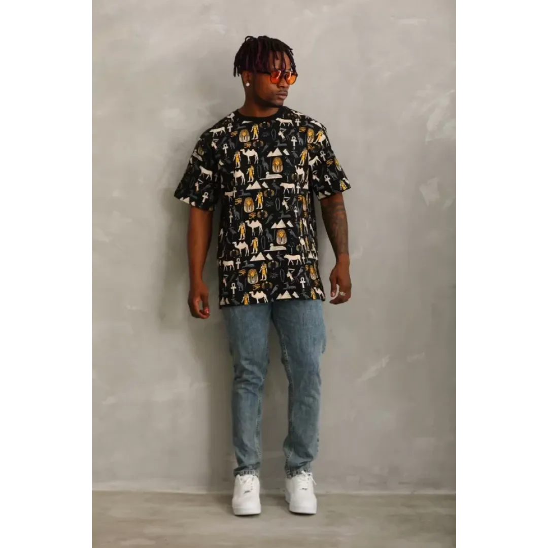 Unisex Oversize Baskılı Bisiklet Yaka T-Shirt - Siyah - 93750