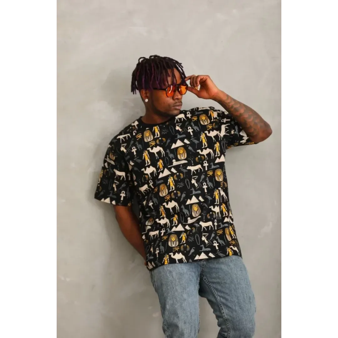 Unisex Oversize Baskılı Bisiklet Yaka T-Shirt - Siyah - 93750