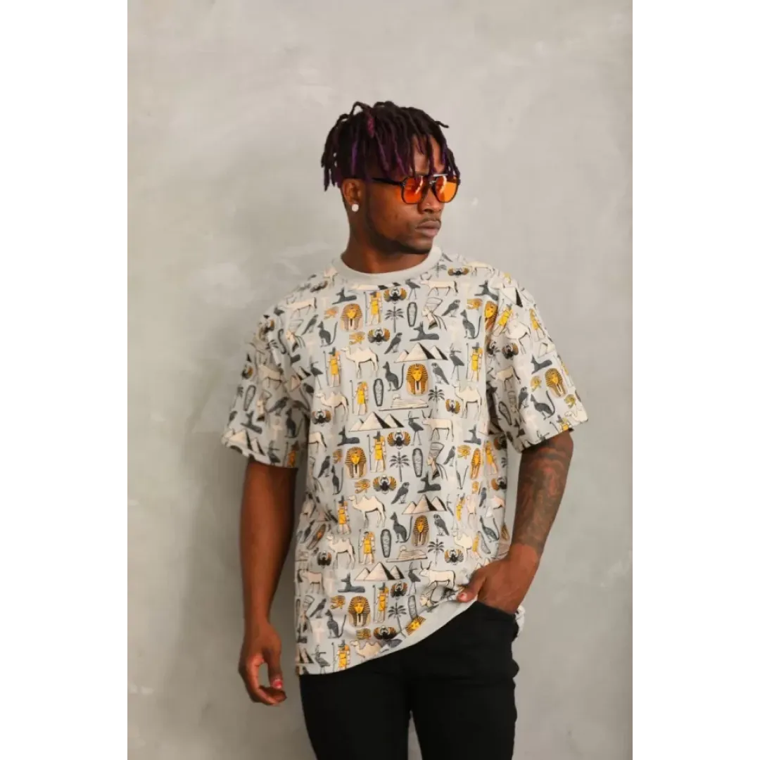 Unisex Oversize Baskılı Bisiklet Yaka T-Shirt - Gri - 93752