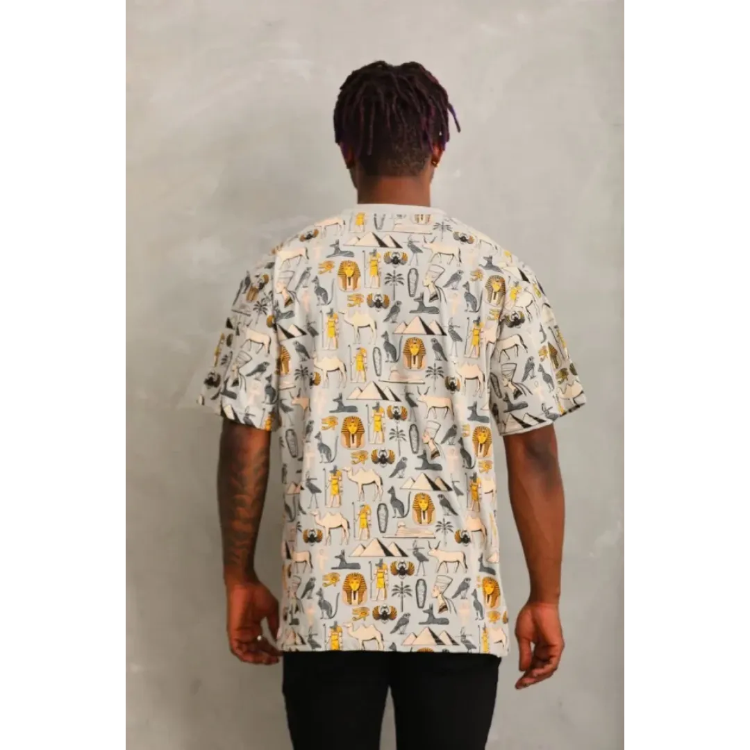 Unisex Oversize Baskılı Bisiklet Yaka T-Shirt - Gri - 93752