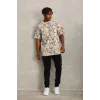 Unisex Oversize Baskılı Bisiklet Yaka T-Shirt - Gri - 93752