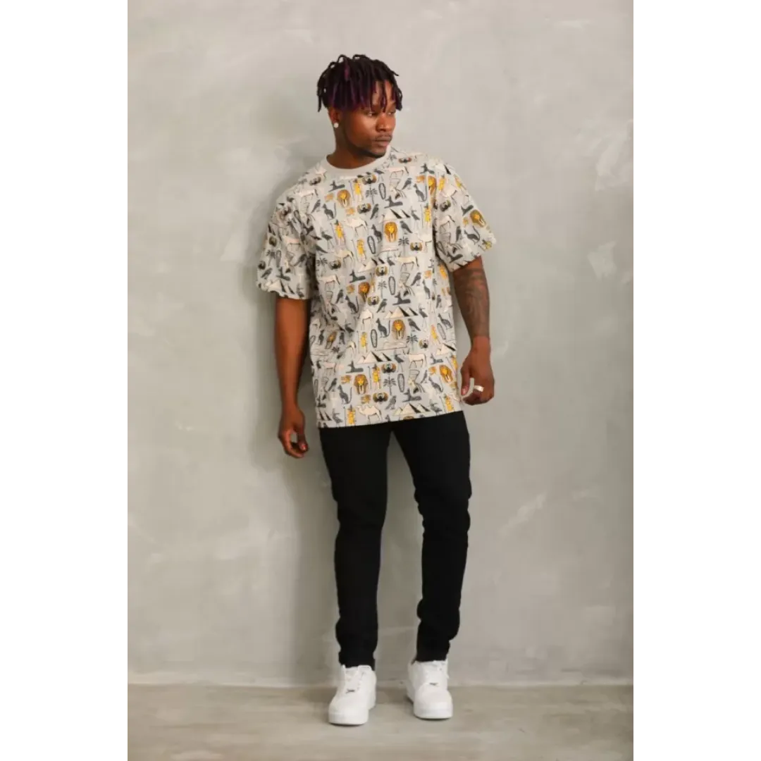 Unisex Oversize Baskılı Bisiklet Yaka T-Shirt - Gri - 93752
