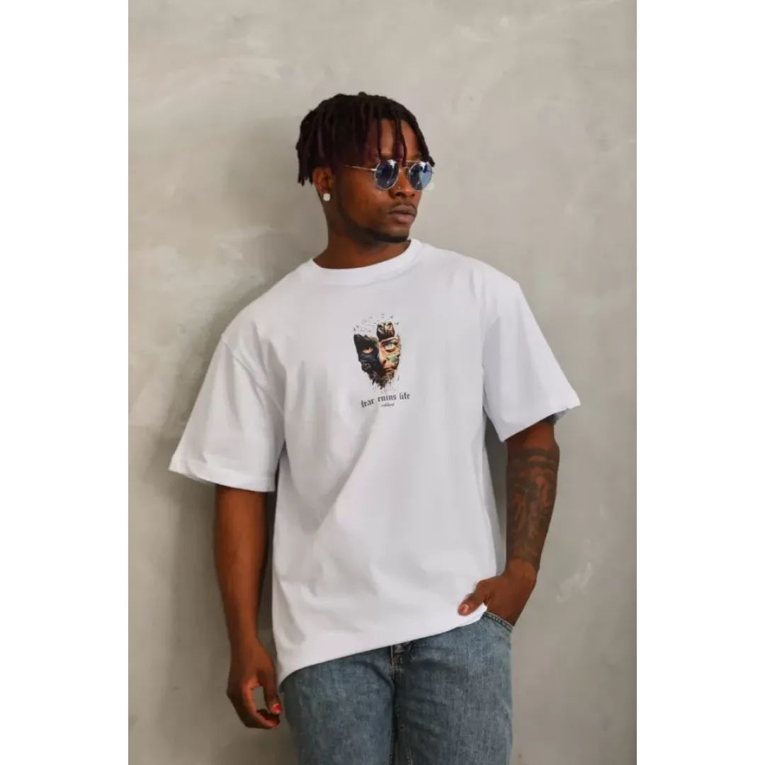 Unisex Oversize Baskılı Bisiklet Yaka T-Shirt - Beyaz - 94685 Unisex Oversize Baskılı Bisiklet Yaka T-Shirt - Beyaz - 94685