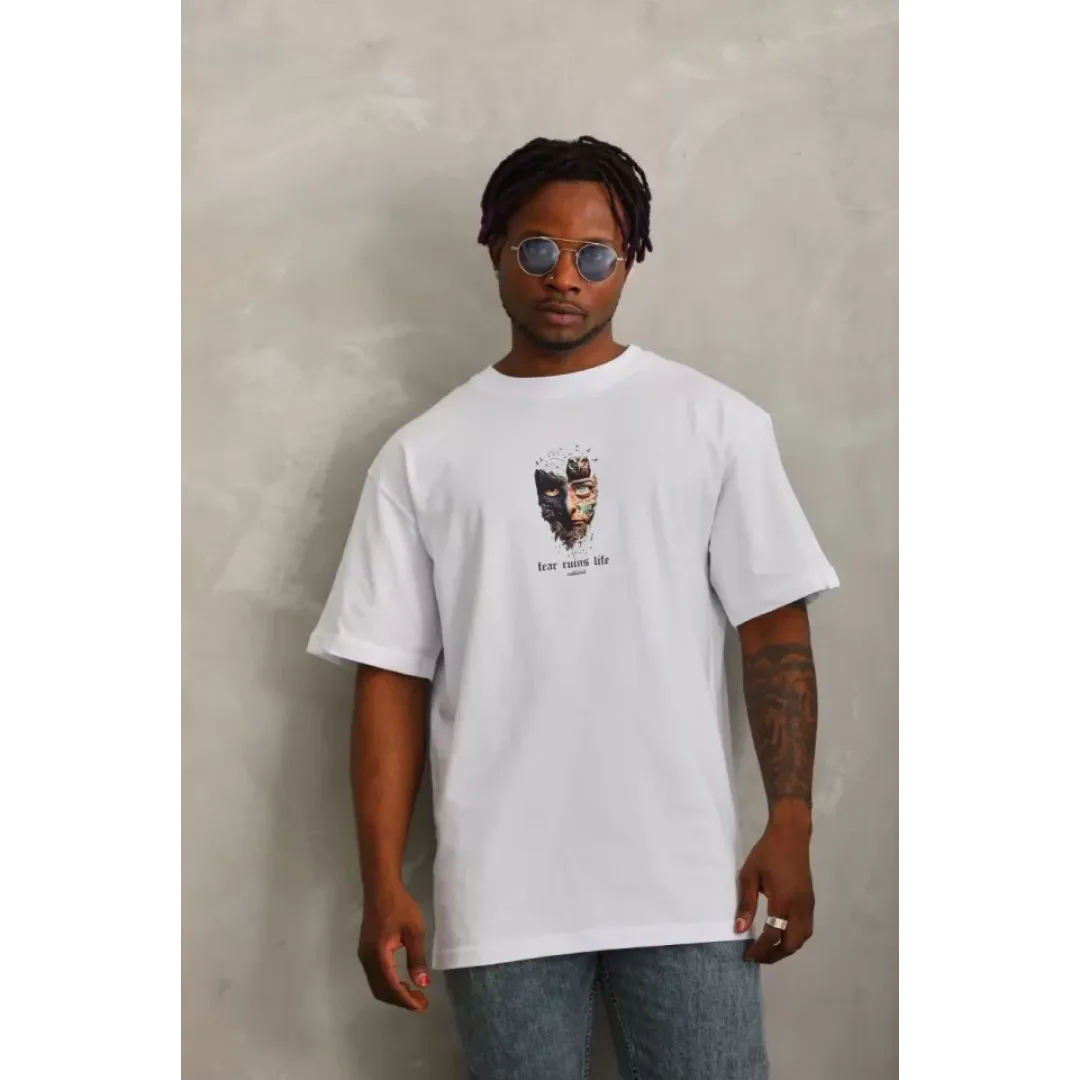 Unisex Oversize Baskılı Bisiklet Yaka T-Shirt - Beyaz - 94685 Unisex Oversize Baskılı Bisiklet Yaka T-Shirt - Beyaz - 94685