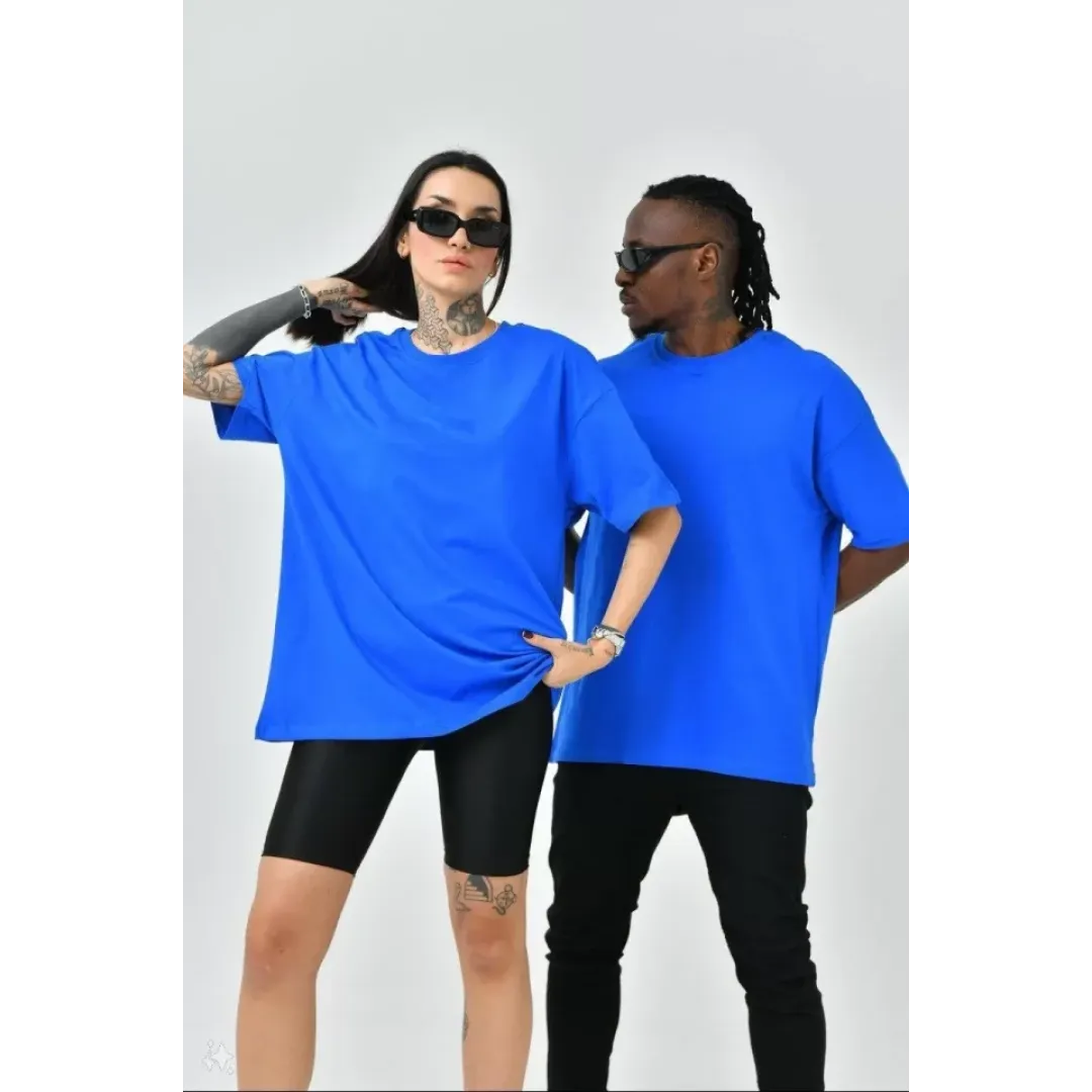 Unisex Basic Bisiklet Yaka Oversize T-Shirt - Mavi - 94832 Unisex Basic Bisiklet Yaka Oversize T-Shirt - Mavi - 94832