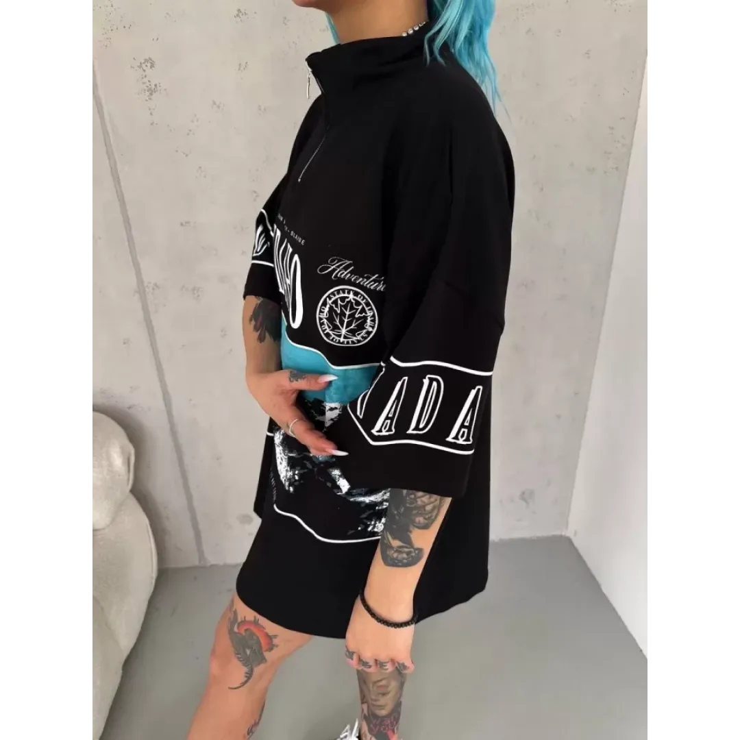 Unisex Baskılı Yarım Fermuarlı T-Shirt - Siyah - 94977 Unisex Baskılı Yarım Fermuarlı T-Shirt - Siyah - 94977