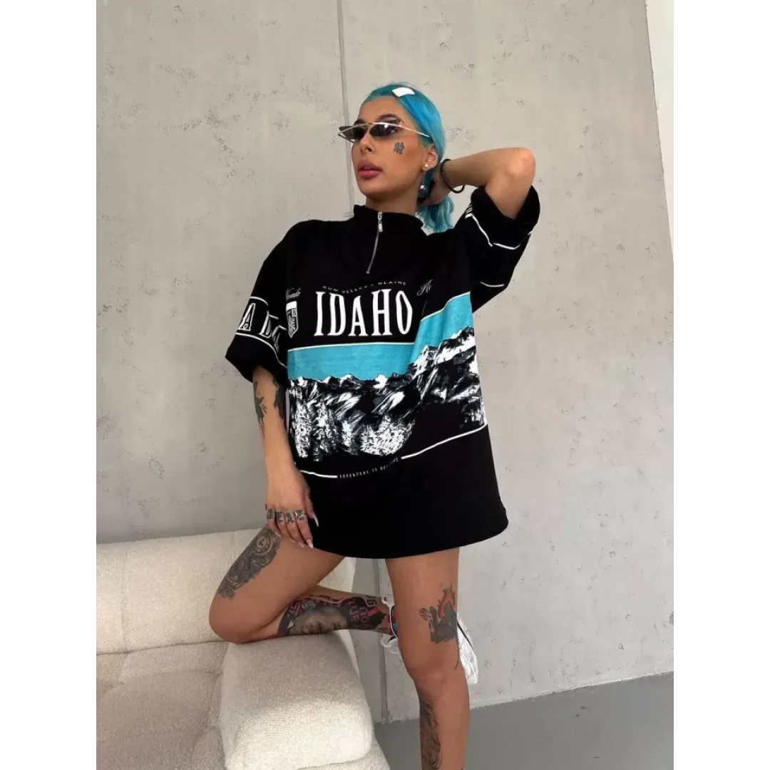 Unisex Baskılı Yarım Fermuarlı T-Shirt - Siyah - 94977 Unisex Baskılı Yarım Fermuarlı T-Shirt - Siyah - 94977