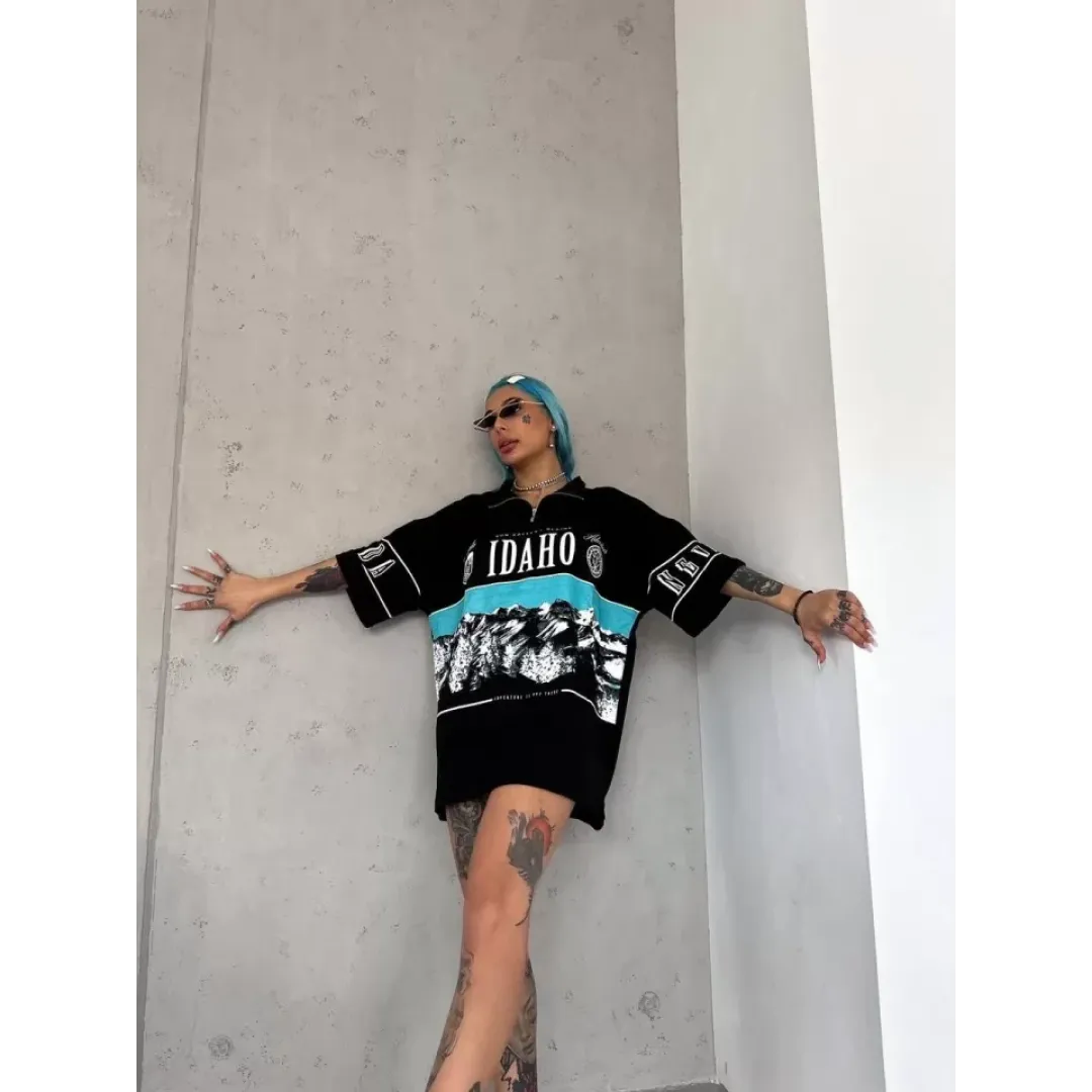 Unisex Baskılı Yarım Fermuarlı T-Shirt - Siyah - 94977 Unisex Baskılı Yarım Fermuarlı T-Shirt - Siyah - 94977