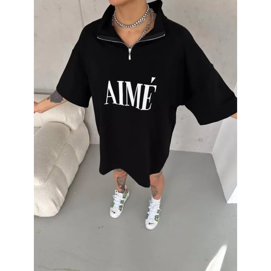 Unisex Yarım Fermuarlı Baskılı T-Shirt - Siyah - 95052 Unisex Yarım Fermuarlı Baskılı T-Shirt - Siyah - 95052