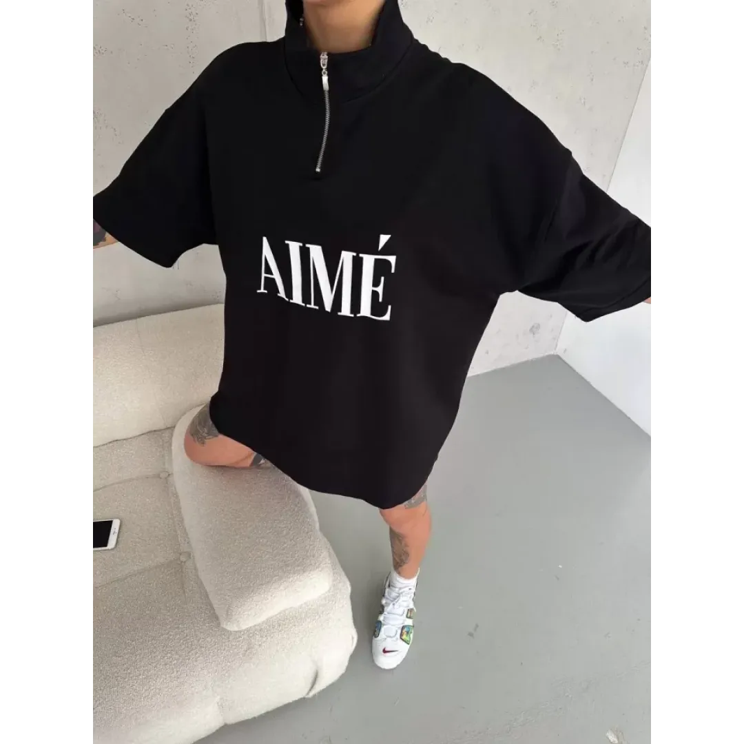 Unisex Yarım Fermuarlı Baskılı T-Shirt - Siyah - 95052 Unisex Yarım Fermuarlı Baskılı T-Shirt - Siyah - 95052