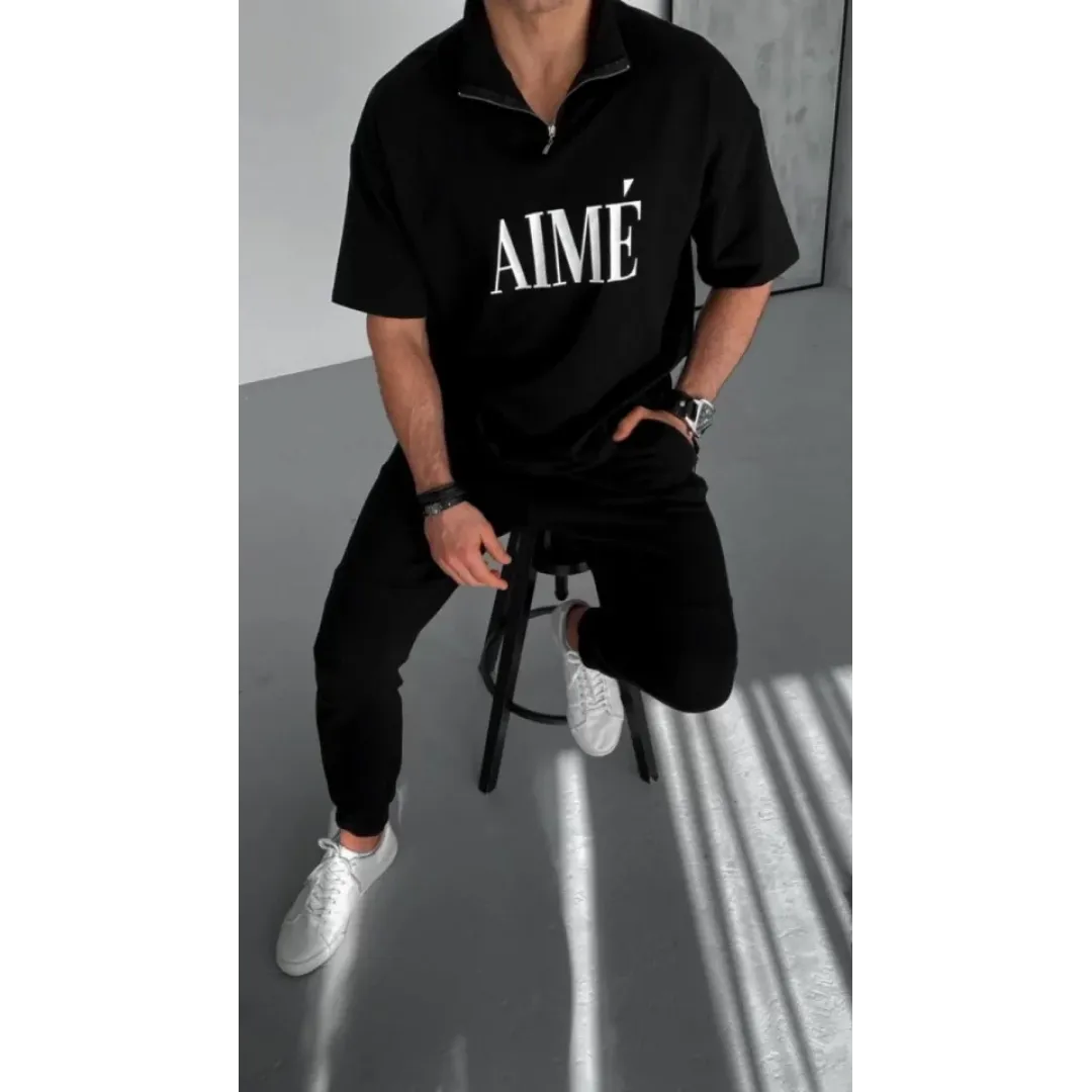 Unisex Yarım Fermuarlı Baskılı T-Shirt - Siyah - 95053 Unisex Yarım Fermuarlı Baskılı T-Shirt - Siyah - 95053