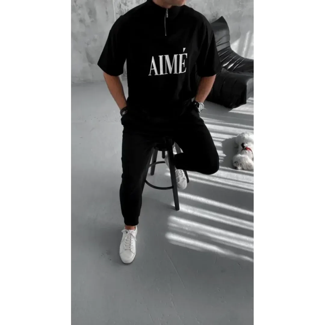 Unisex Yarım Fermuarlı Baskılı T-Shirt - Siyah - 95053 Unisex Yarım Fermuarlı Baskılı T-Shirt - Siyah - 95053