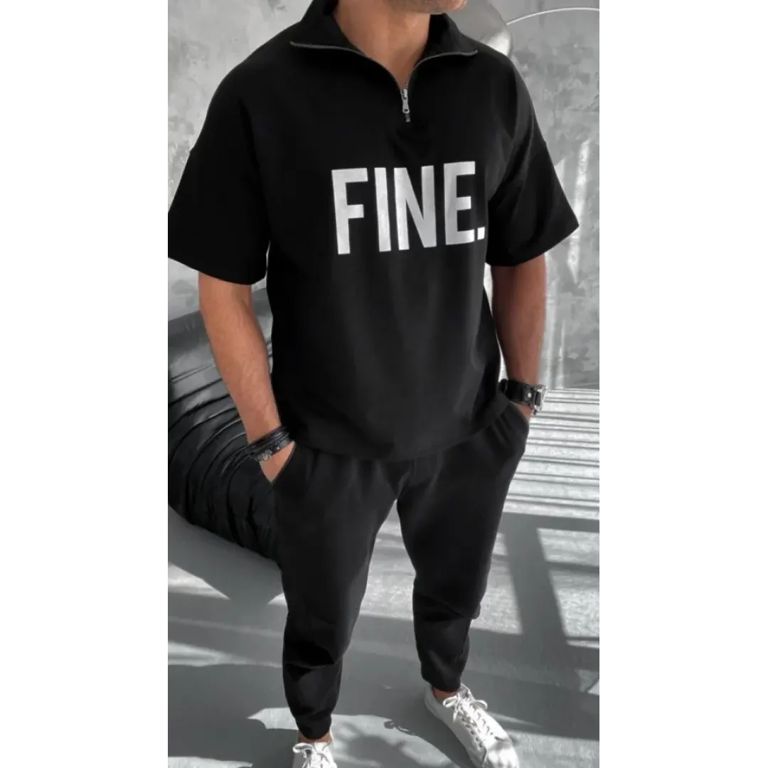 Unisex Baskılı Yarım Fermuarlı T-Shirt - Siyah - 95704 Unisex Baskılı Yarım Fermuarlı T-Shirt - Siyah - 95704
