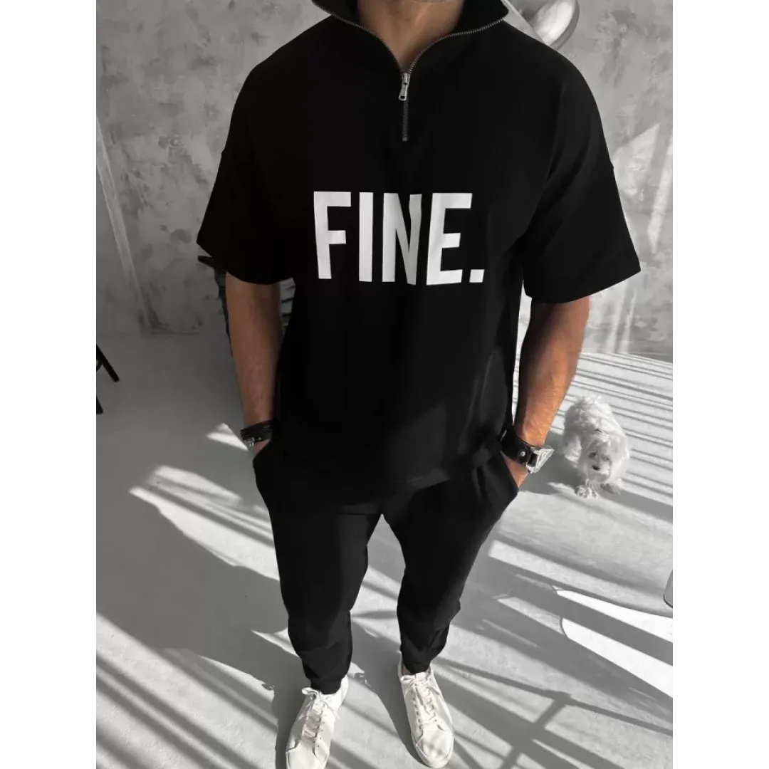Unisex Baskılı Yarım Fermuarlı T-Shirt - Siyah - 95704 Unisex Baskılı Yarım Fermuarlı T-Shirt - Siyah - 95704