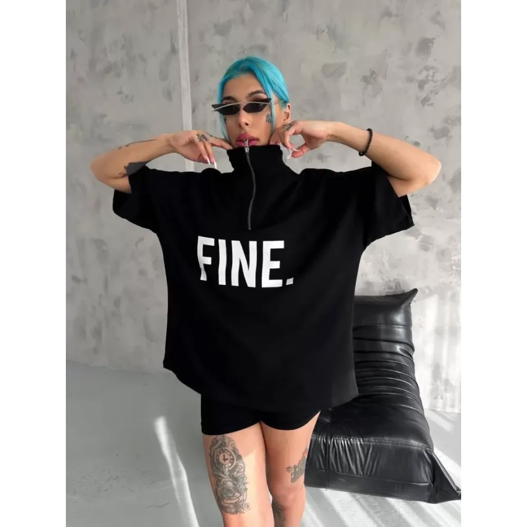 Unisex Baskılı Yarım Fermuarlı T-Shirt - Siyah - 95707 Unisex Baskılı Yarım Fermuarlı T-Shirt - Siyah - 95707