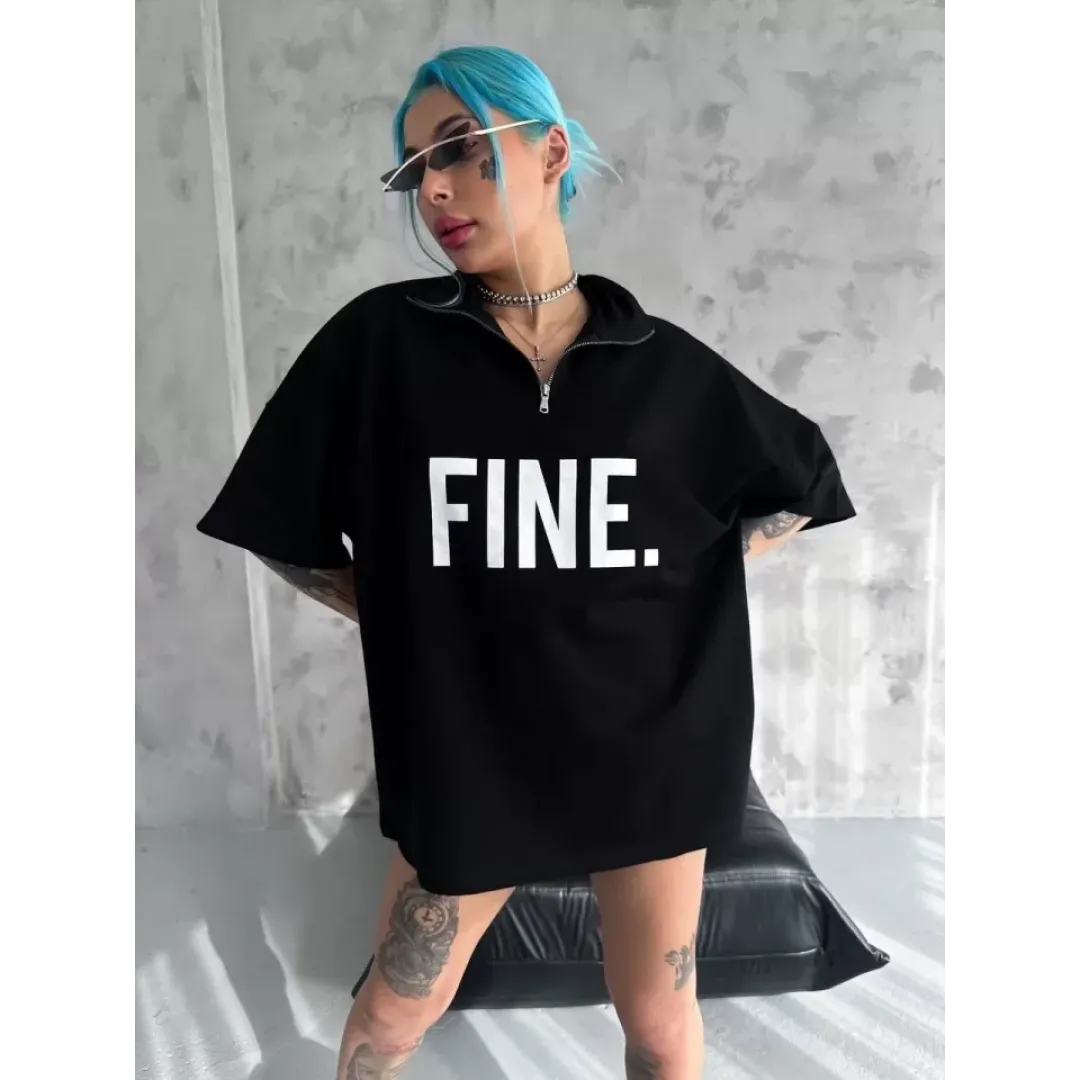 Unisex Baskılı Yarım Fermuarlı T-Shirt - Siyah - 95707 Unisex Baskılı Yarım Fermuarlı T-Shirt - Siyah - 95707