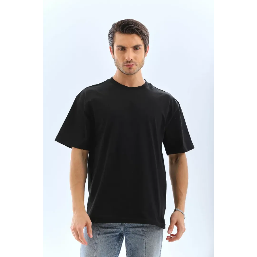 Unisex Oversize Düz Bisiklet Yaka T-Shirt - Siyah - 95717