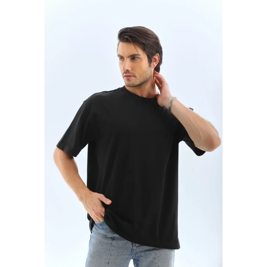 Unisex Oversize Düz Bisiklet Yaka T-Shirt - Siyah - 95717