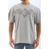 Unisex Oversize Taşlı Bisiklet Yaka T-Shirt - Gri - 95719 Unisex Oversize Taşlı Bisiklet Yaka T-Shirt - Gri - 95719