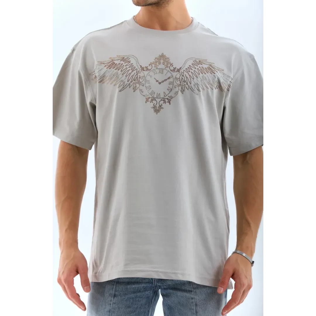 Unisex Oversize Taşlı Bisiklet Yaka T-Shirt - Gri - 95719 Unisex Oversize Taşlı Bisiklet Yaka T-Shirt - Gri - 95719