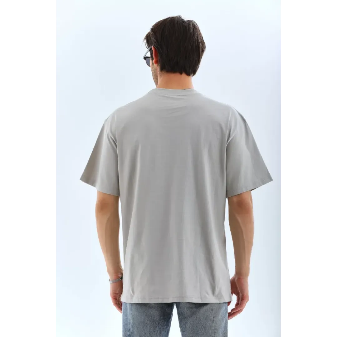 Unisex Oversize Taşlı Bisiklet Yaka T-Shirt - Gri - 95719 Unisex Oversize Taşlı Bisiklet Yaka T-Shirt - Gri - 95719