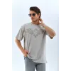 Unisex Oversize Taşlı Bisiklet Yaka T-Shirt - Gri - 95719 Unisex Oversize Taşlı Bisiklet Yaka T-Shirt - Gri - 95719