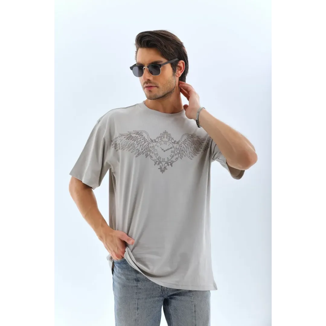 Unisex Oversize Taşlı Bisiklet Yaka T-Shirt - Gri - 95719 Unisex Oversize Taşlı Bisiklet Yaka T-Shirt - Gri - 95719