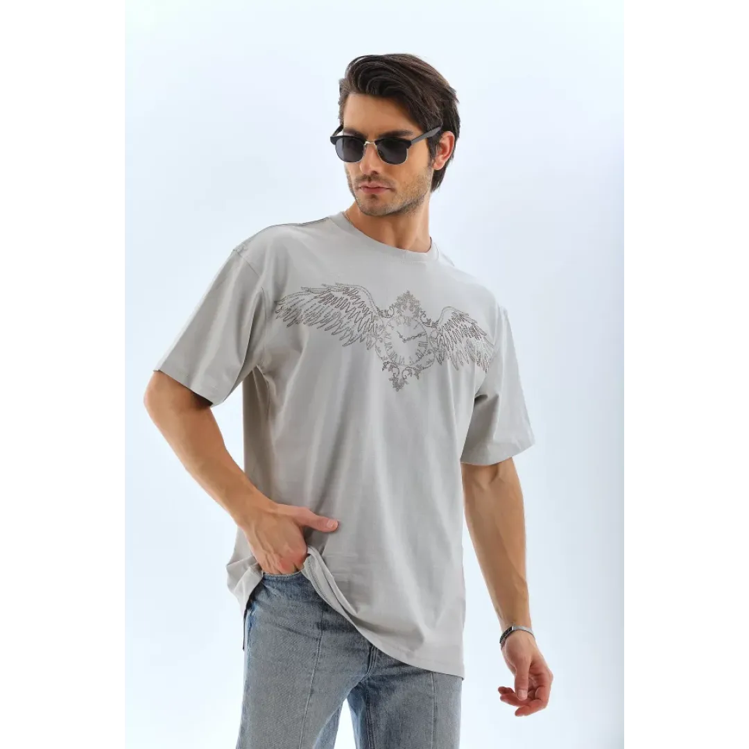 Unisex Oversize Taşlı Bisiklet Yaka T-Shirt - Gri - 95719 Unisex Oversize Taşlı Bisiklet Yaka T-Shirt - Gri - 95719