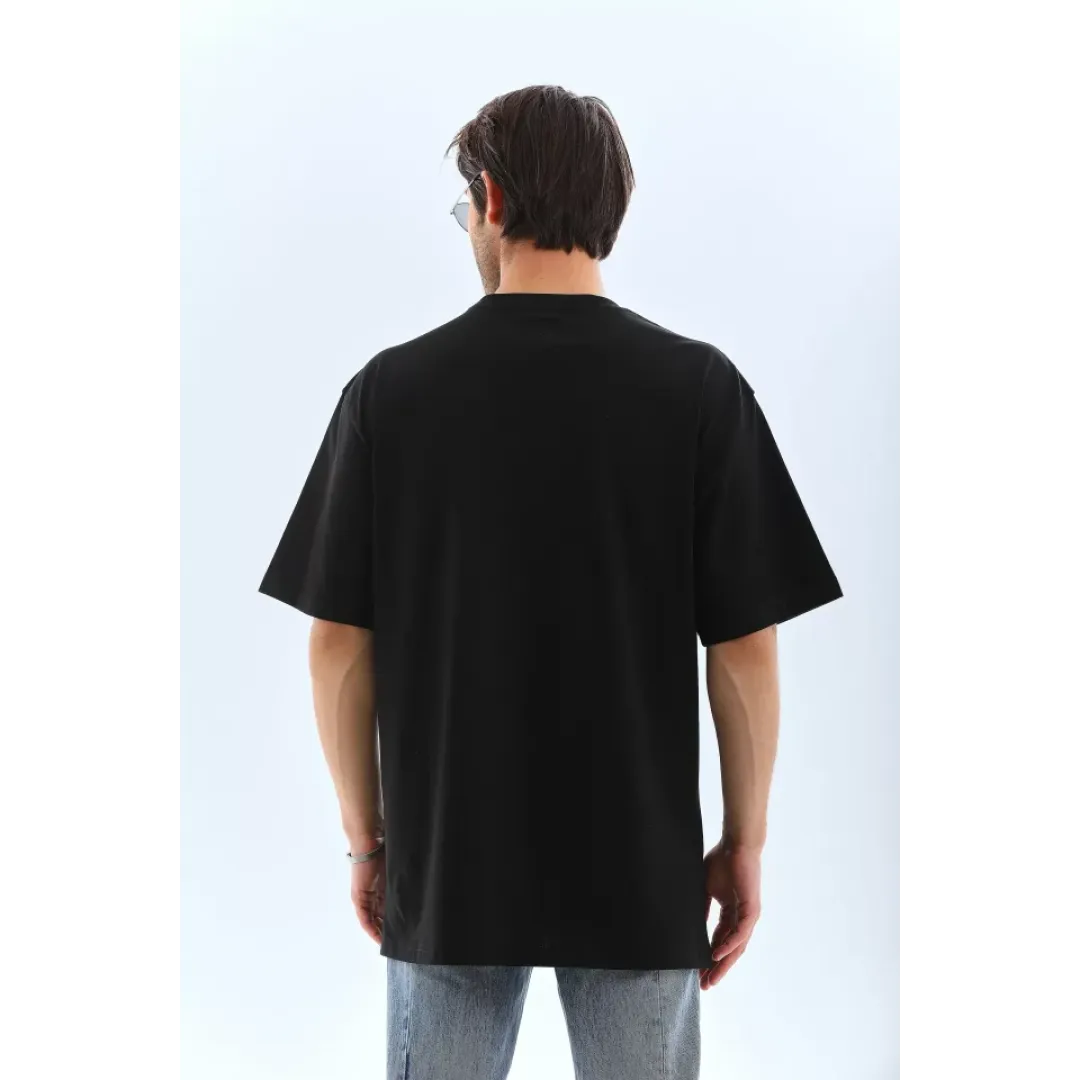 Unisex Oversize Taşlı Bisiklet Yaka T-Shirt - Siyah - 95720 Unisex Oversize Taşlı Bisiklet Yaka T-Shirt - Siyah - 95720