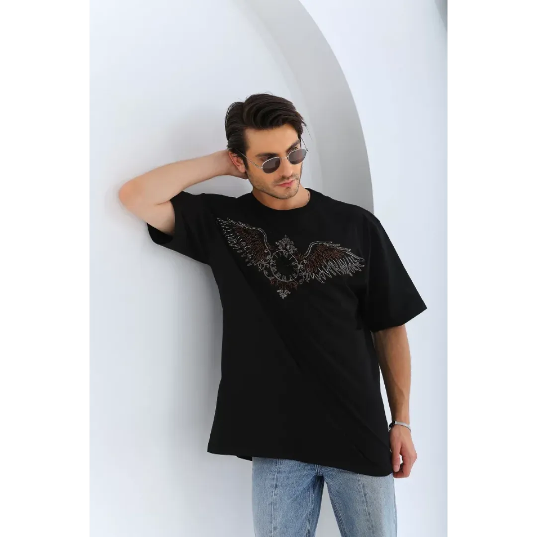 Unisex Oversize Taşlı Bisiklet Yaka T-Shirt - Siyah - 95720 Unisex Oversize Taşlı Bisiklet Yaka T-Shirt - Siyah - 95720