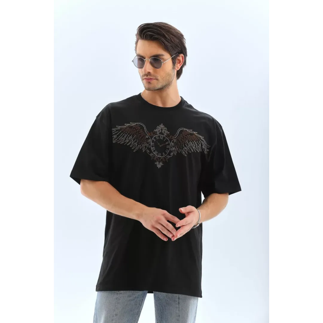 Unisex Oversize Taşlı Bisiklet Yaka T-Shirt - Siyah - 95720 Unisex Oversize Taşlı Bisiklet Yaka T-Shirt - Siyah - 95720