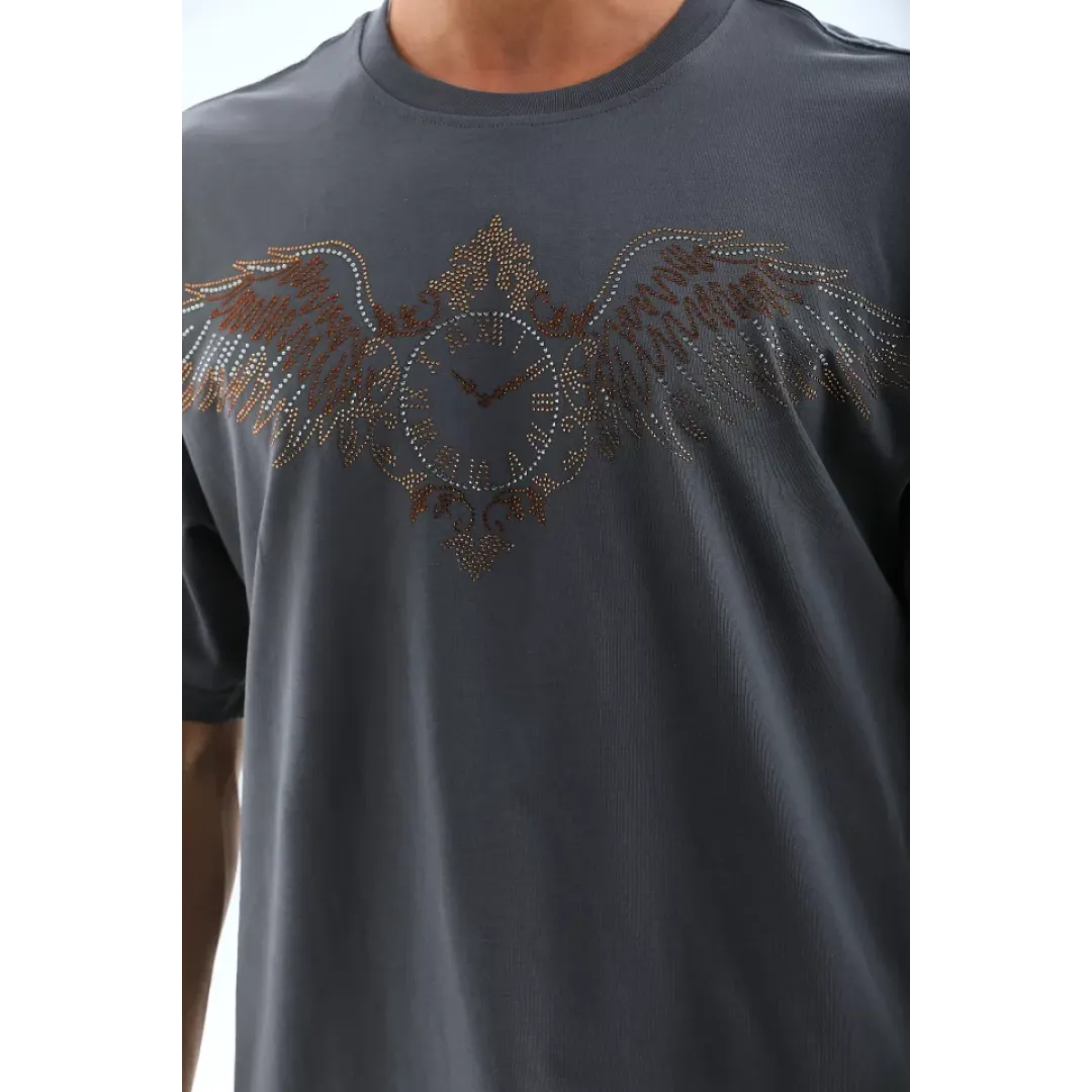 Unisex Oversize Taşlı Bisiklet Yaka T-Shirt - Füme - 95721 Unisex Oversize Taşlı Bisiklet Yaka T-Shirt - Füme - 95721