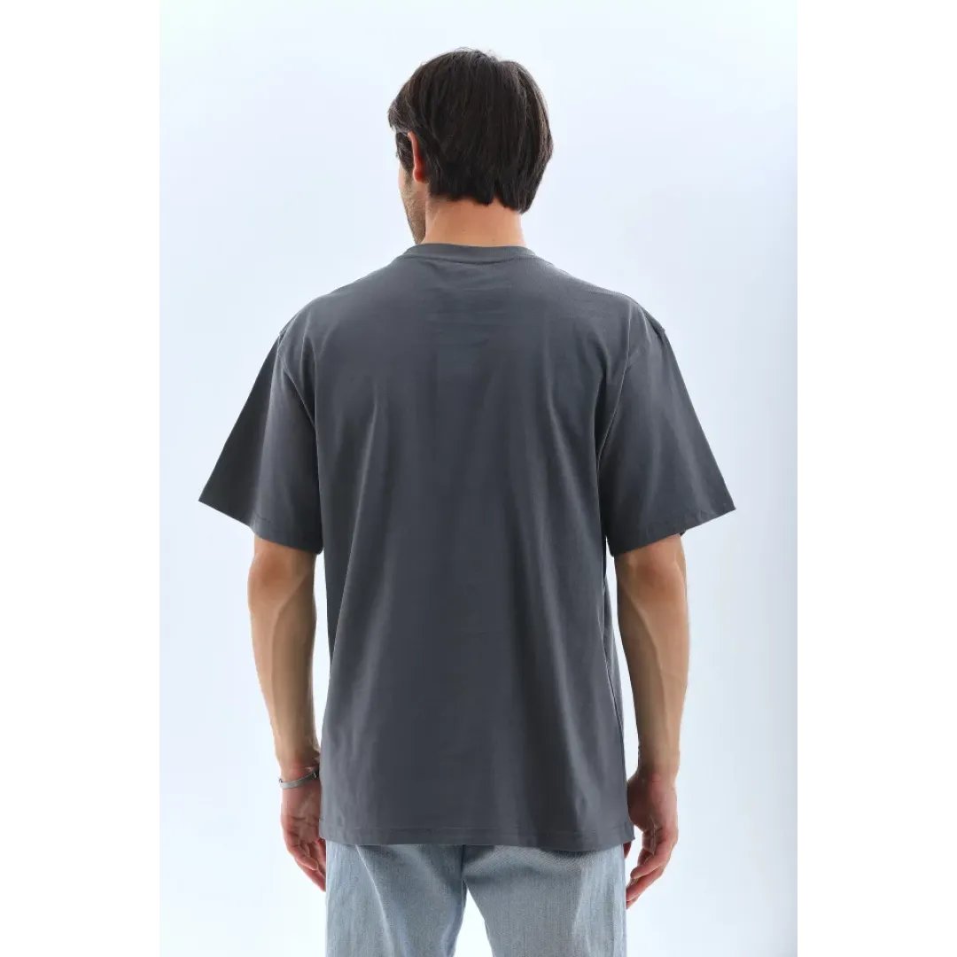 Unisex Oversize Taşlı Bisiklet Yaka T-Shirt - Füme - 95721 Unisex Oversize Taşlı Bisiklet Yaka T-Shirt - Füme - 95721