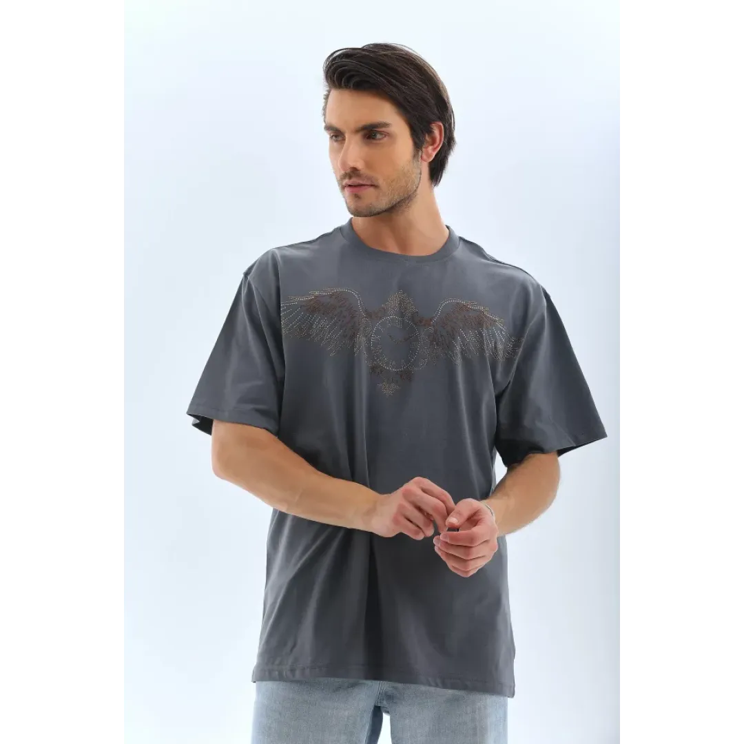 Unisex Oversize Taşlı Bisiklet Yaka T-Shirt - Füme - 95721 Unisex Oversize Taşlı Bisiklet Yaka T-Shirt - Füme - 95721