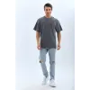 Unisex Oversize Taşlı Bisiklet Yaka T-Shirt - Füme - 95721 Unisex Oversize Taşlı Bisiklet Yaka T-Shirt - Füme - 95721