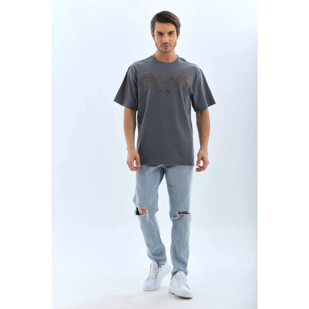 Unisex Oversize Taşlı Bisiklet Yaka T-Shirt - Füme - 95721 Unisex Oversize Taşlı Bisiklet Yaka T-Shirt - Füme - 95721