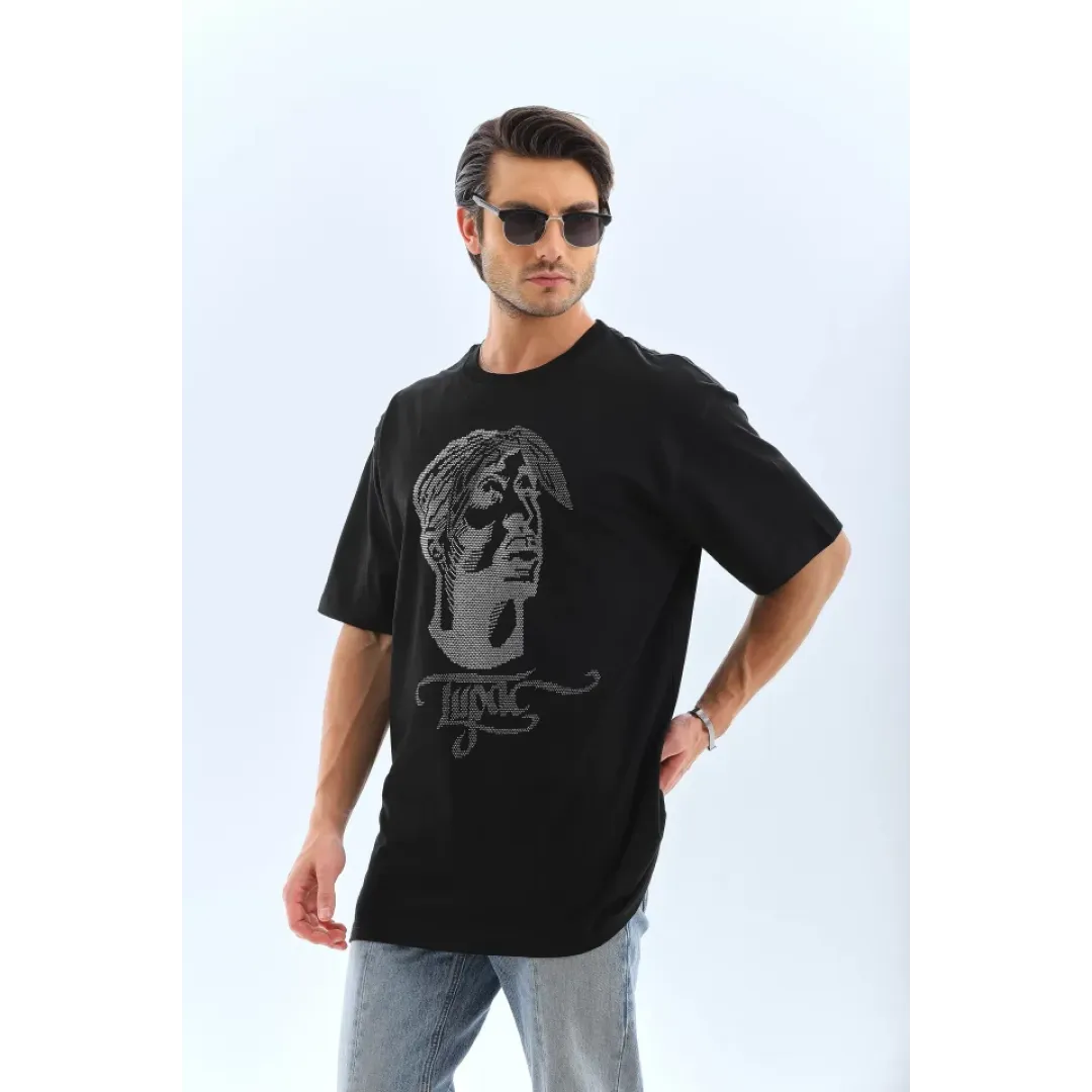 Unisex Oversize Taşlı Bisiklet Yaka T-Shirt - Siyah - 95723 Unisex Oversize Taşlı Bisiklet Yaka T-Shirt - Siyah - 95723