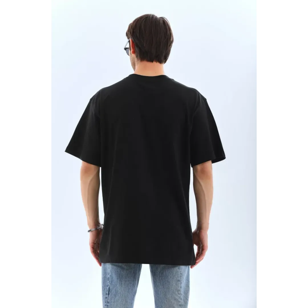 Unisex Oversize Taşlı Bisiklet Yaka T-Shirt - Siyah - 95723 Unisex Oversize Taşlı Bisiklet Yaka T-Shirt - Siyah - 95723