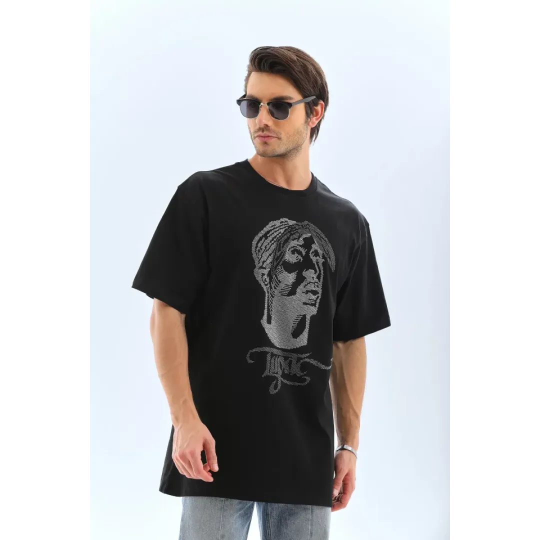 Unisex Oversize Taşlı Bisiklet Yaka T-Shirt - Siyah - 95723 Unisex Oversize Taşlı Bisiklet Yaka T-Shirt - Siyah - 95723