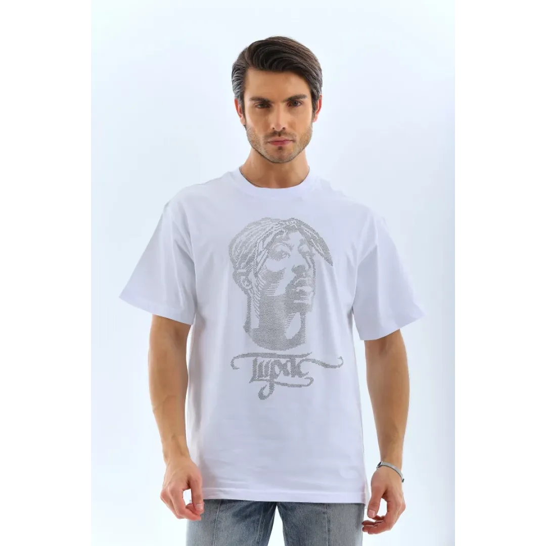 Unisex Oversize Taşlı Bisiklet Yaka T-Shirt - Beyaz - 95724 Unisex Oversize Taşlı Bisiklet Yaka T-Shirt - Beyaz - 95724