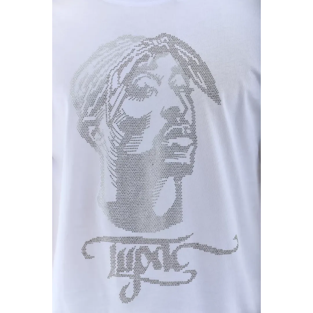 Unisex Oversize Taşlı Bisiklet Yaka T-Shirt - Beyaz - 95724 Unisex Oversize Taşlı Bisiklet Yaka T-Shirt - Beyaz - 95724
