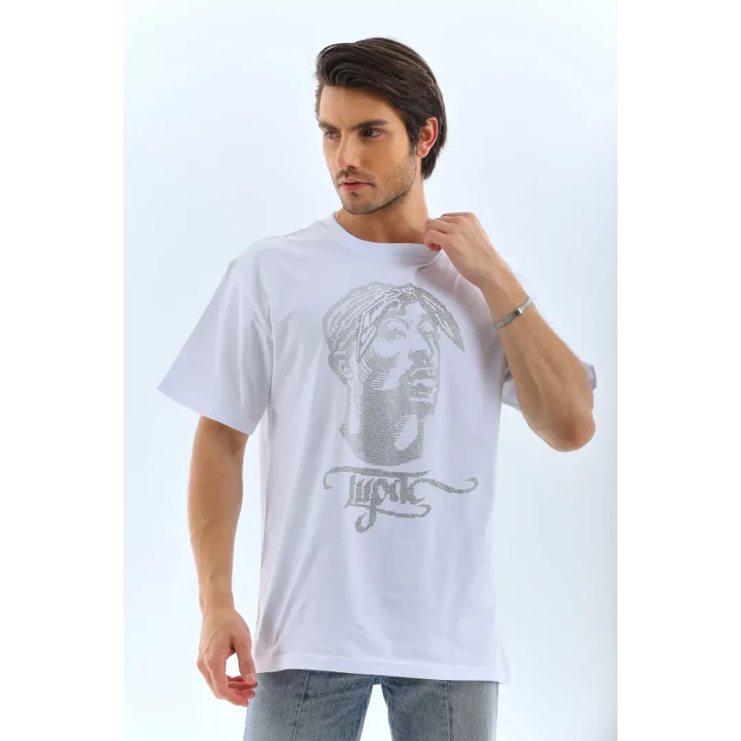 Unisex Oversize Taşlı Bisiklet Yaka T-Shirt - Beyaz - 95724 Unisex Oversize Taşlı Bisiklet Yaka T-Shirt - Beyaz - 95724