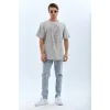 Unisex Oversize Taşlı Bisiklet Yaka T-Shirt - Gri - 95725 Unisex Oversize Taşlı Bisiklet Yaka T-Shirt - Gri - 95725