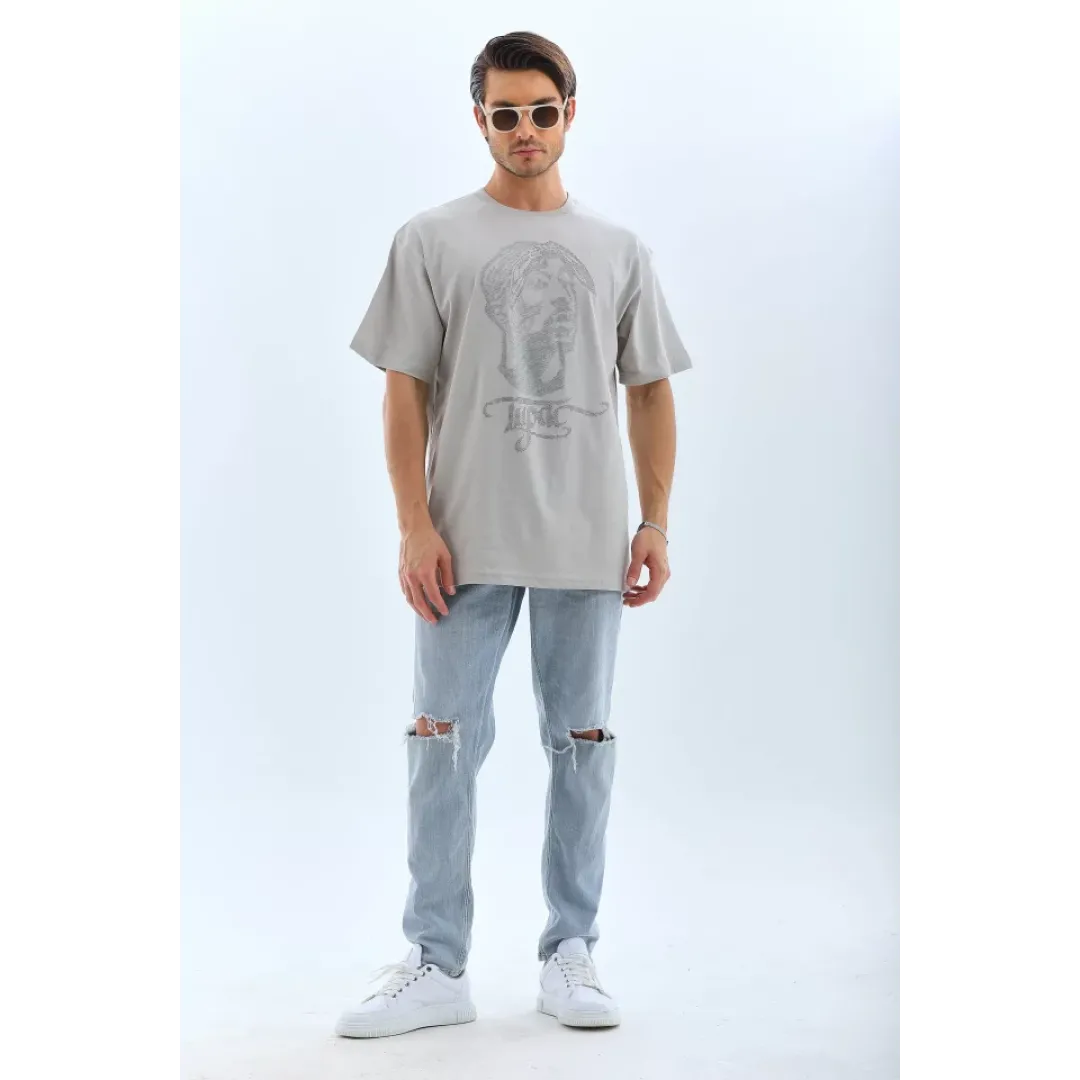 Unisex Oversize Taşlı Bisiklet Yaka T-Shirt - Gri - 95725 Unisex Oversize Taşlı Bisiklet Yaka T-Shirt - Gri - 95725