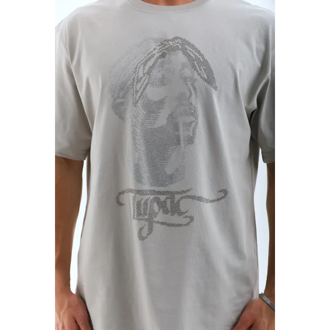 Unisex Oversize Taşlı Bisiklet Yaka T-Shirt - Gri - 95725 Unisex Oversize Taşlı Bisiklet Yaka T-Shirt - Gri - 95725