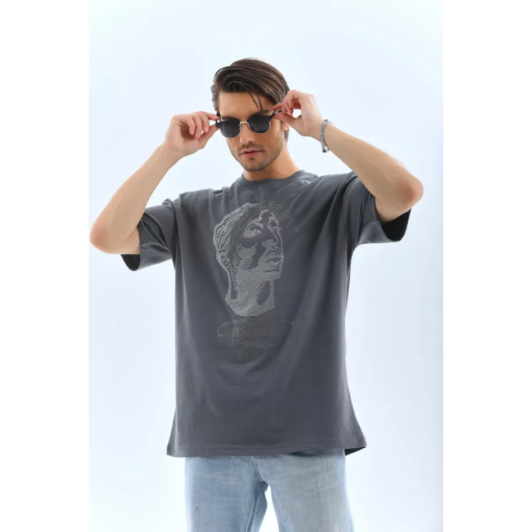 Unisex Oversize Taşlı Bisiklet Yaka T-Shirt - Füme - 95726