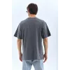 Unisex Oversize Taşlı Bisiklet Yaka T-Shirt - Füme - 95726
